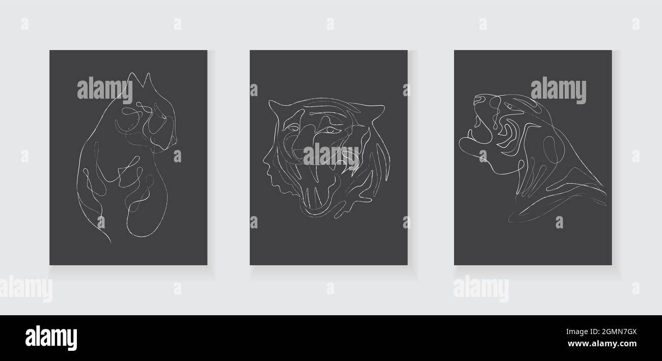 Tiger vettore cinese di nuovo anno in continuo, linea gesso stile arte. Simbolo asiatico disegnato a mano di 2022 anni in stile bohémien. Gatto selvatico semplice su ba nera Illustrazione Vettoriale