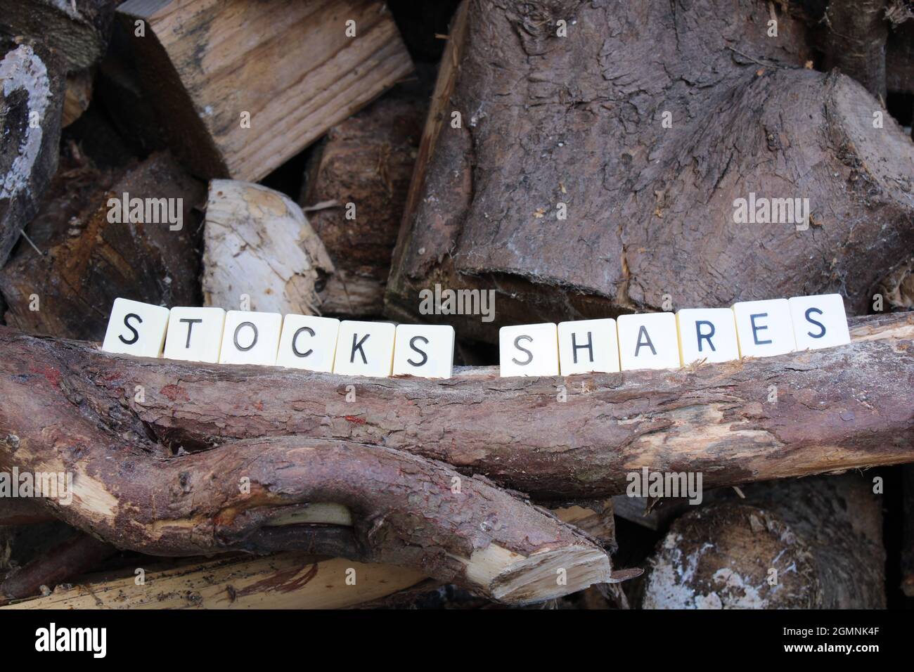 Stock e parti in un palo di legno, con le parole stock e parti in bianco per enfasi Foto Stock