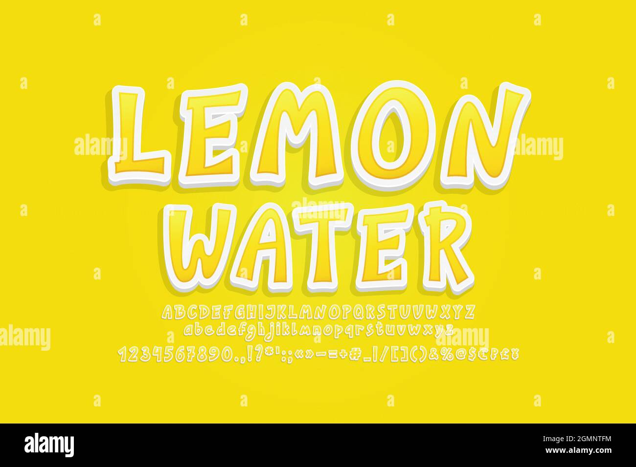 Etichetta di testo dell'acqua di limone effetto adesivo 3d. Cartoon alimentare colore giallo con ombra trasparente su sfondo giallo. Illustrazione Vettoriale