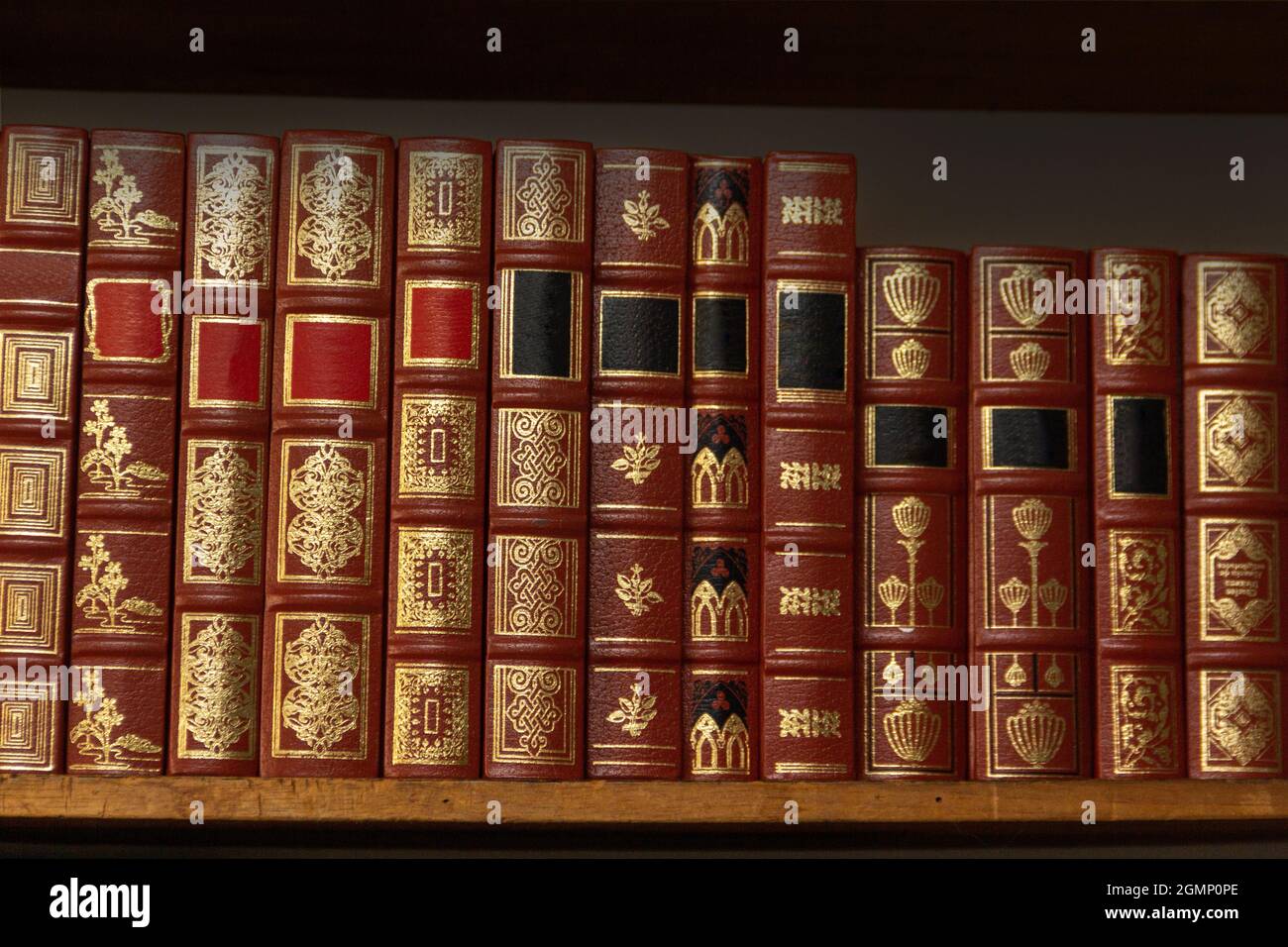 Аntique libri su biblioteca in legno Foto Stock