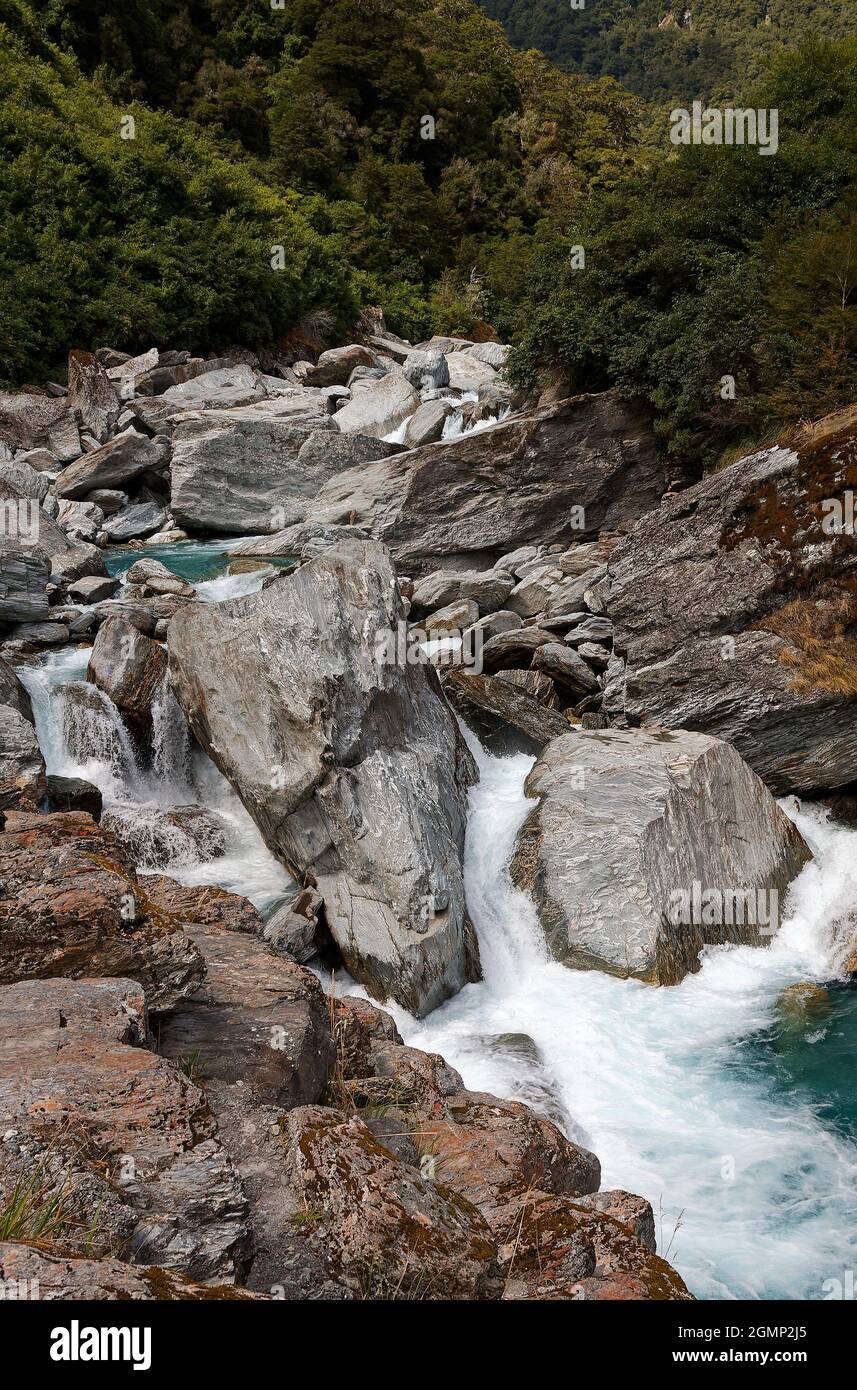 Cascate di Thunder Creek; acqua che scorre su massi, natura, forte, tumbling, Haast River, Mt. Aspiring National Park, Wanaka, Nuova Zelanda Foto Stock