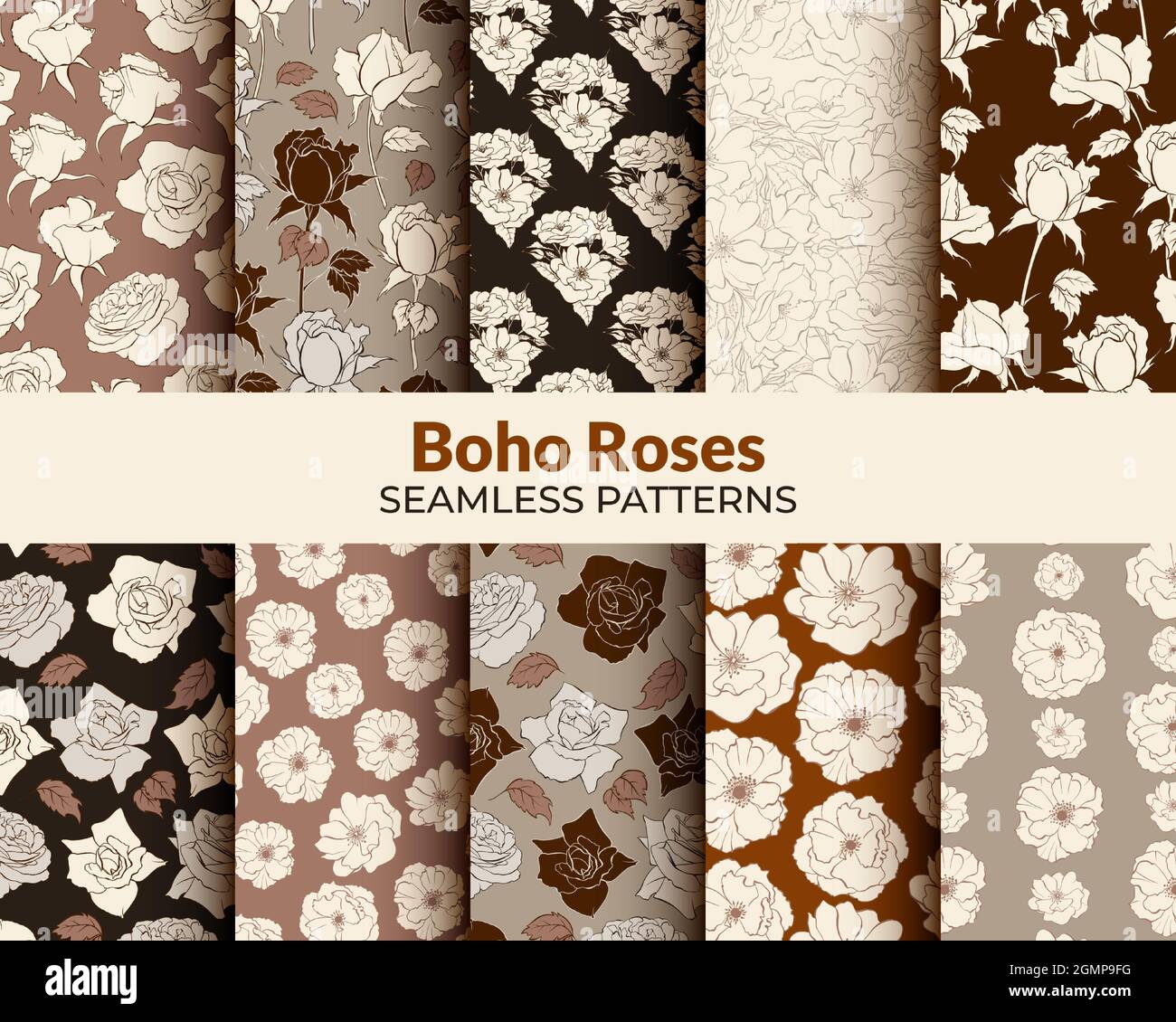 Boho Beige Flower Heads Seamless Patterns Collection Illustrazione Vettoriale