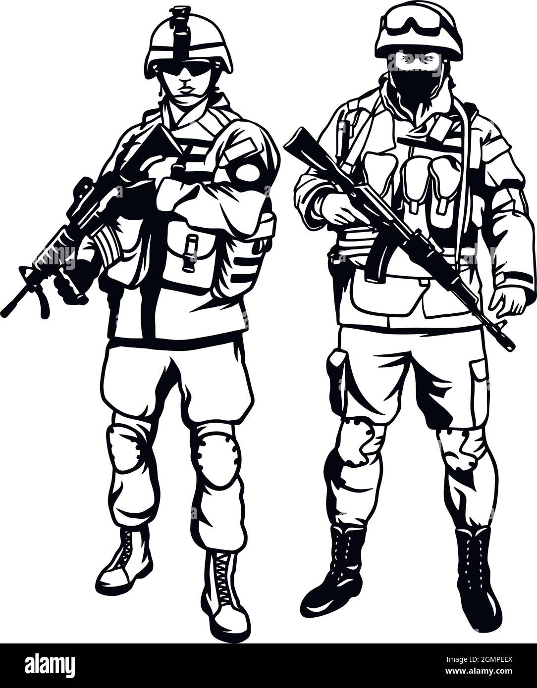 soldati dell'esercito con fucile - collezione di vettori stencil. Illustrazione Vettoriale