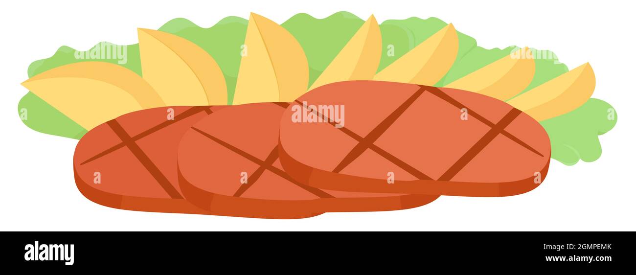 Manzo alla griglia con patate fritte. Carne tritata con guarnitura su insalata verde isolata su bianca. Illustrazione di un cartoon vettoriale. Illustrazione Vettoriale