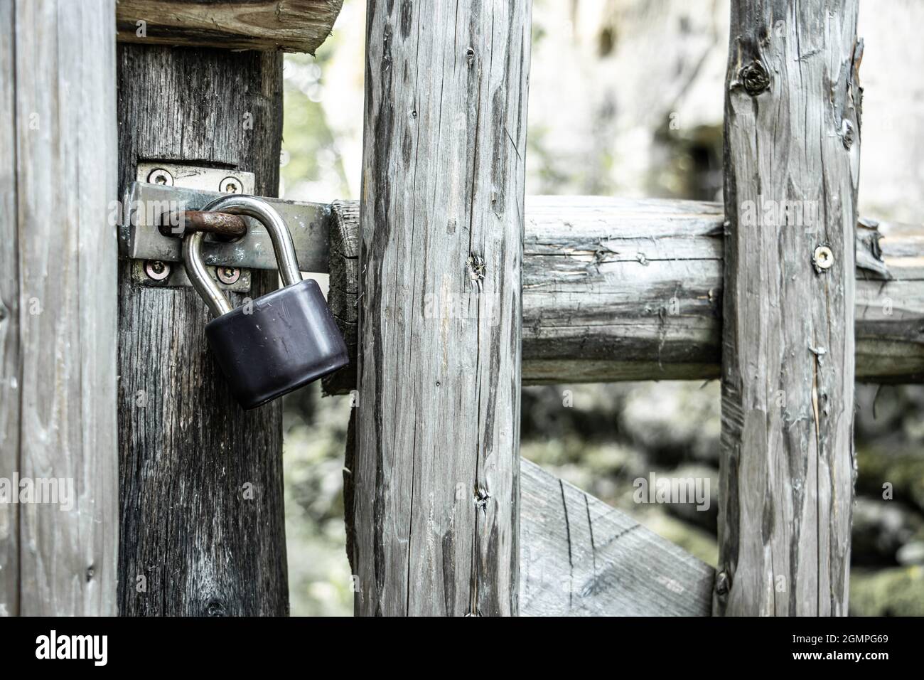 Il lucchetto bloccato su un cancello in una recinzione di legno. Foto Stock