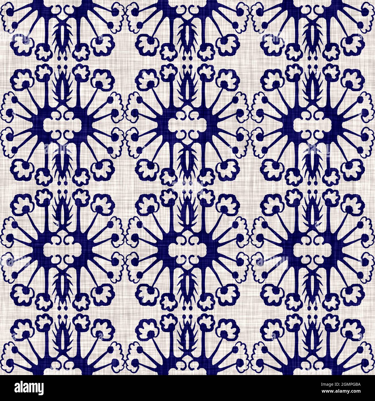 Indigo blu fiore blocco stampa tinta tessuto di lino sfondo. Campione giapponese di ripetizione batik tessuto senza cuciture. Sfocatura floreale organica afflosciata Foto Stock