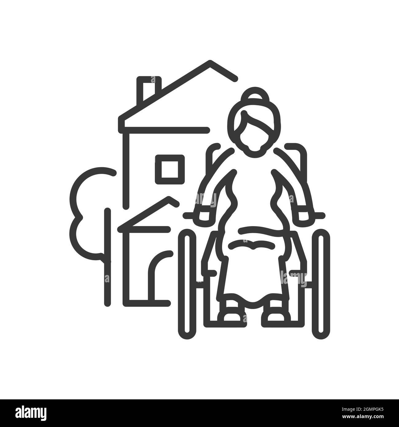 Senior Disabled - disegno di linea vettoriale icona singola isolata su sfondo bianco. Pittogramma nero di alta qualità. Donna anziana in abito seduto su un Wheelchai Illustrazione Vettoriale