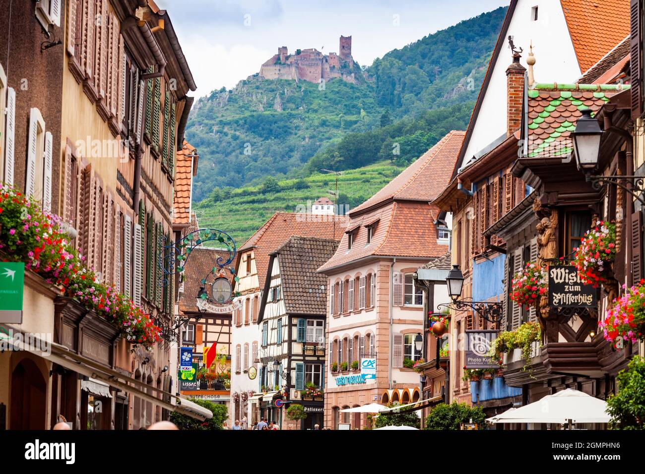 Edifici a Ribeauville, Alsazia con rovina Chateau Saint Ulrich in background Foto Stock