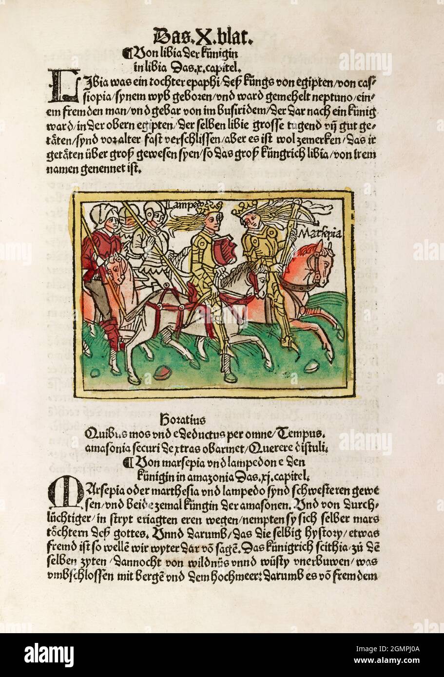 Pagina da „von den erlychten Frouen“ di Giovanni Boccaccio, creato da Johann Prüss, 1488 Foto Stock