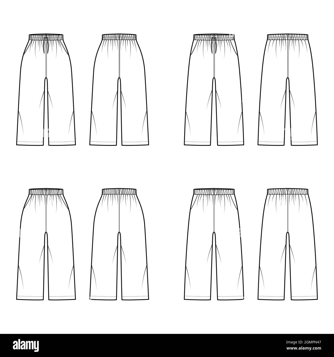 Set di pantaloncini da training Pants Sport con disegno tecnico di moda con elastico normale vita bassa, lacci, lunghezza ginocchio. Sagoma a fondo piatto anteriore, posteriore, colore bianco. Donne uomini unisex CAD Illustrazione Vettoriale