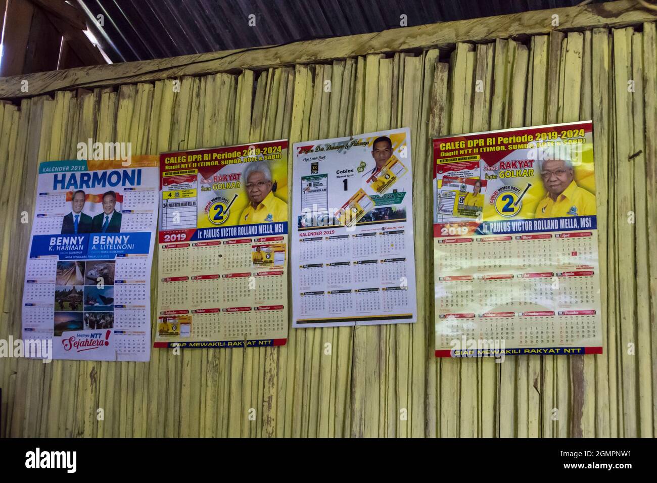 Calendario con immagini dei leader dei partiti politici locali per le elezioni del 2019-2024 su un muro di bambù giallo. Timor ovest, Indonesia Foto Stock