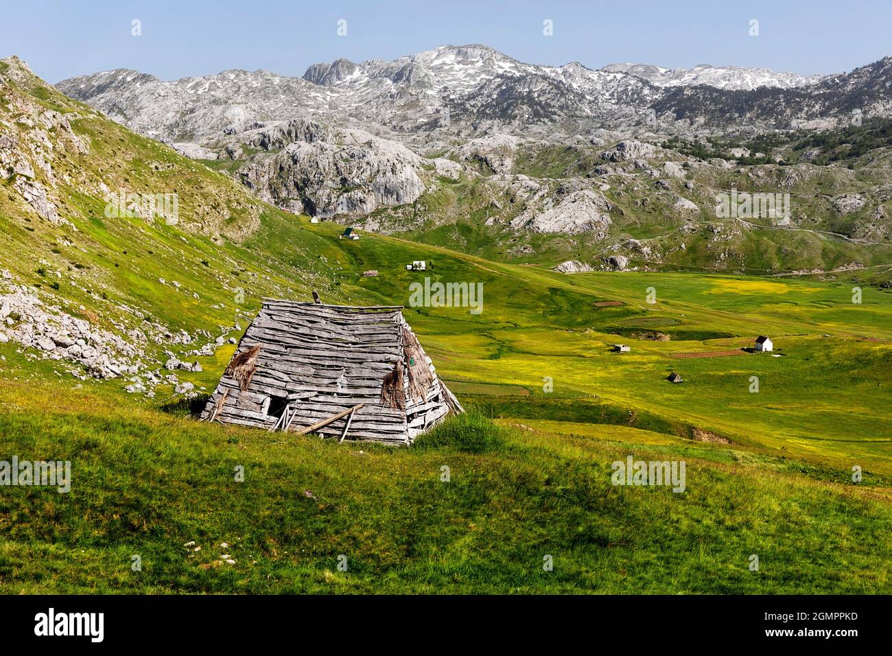 Tradizionale casa di pastore in legno su un bellissimo prato lukavica sopra la città niksic, montenegro Foto Stock