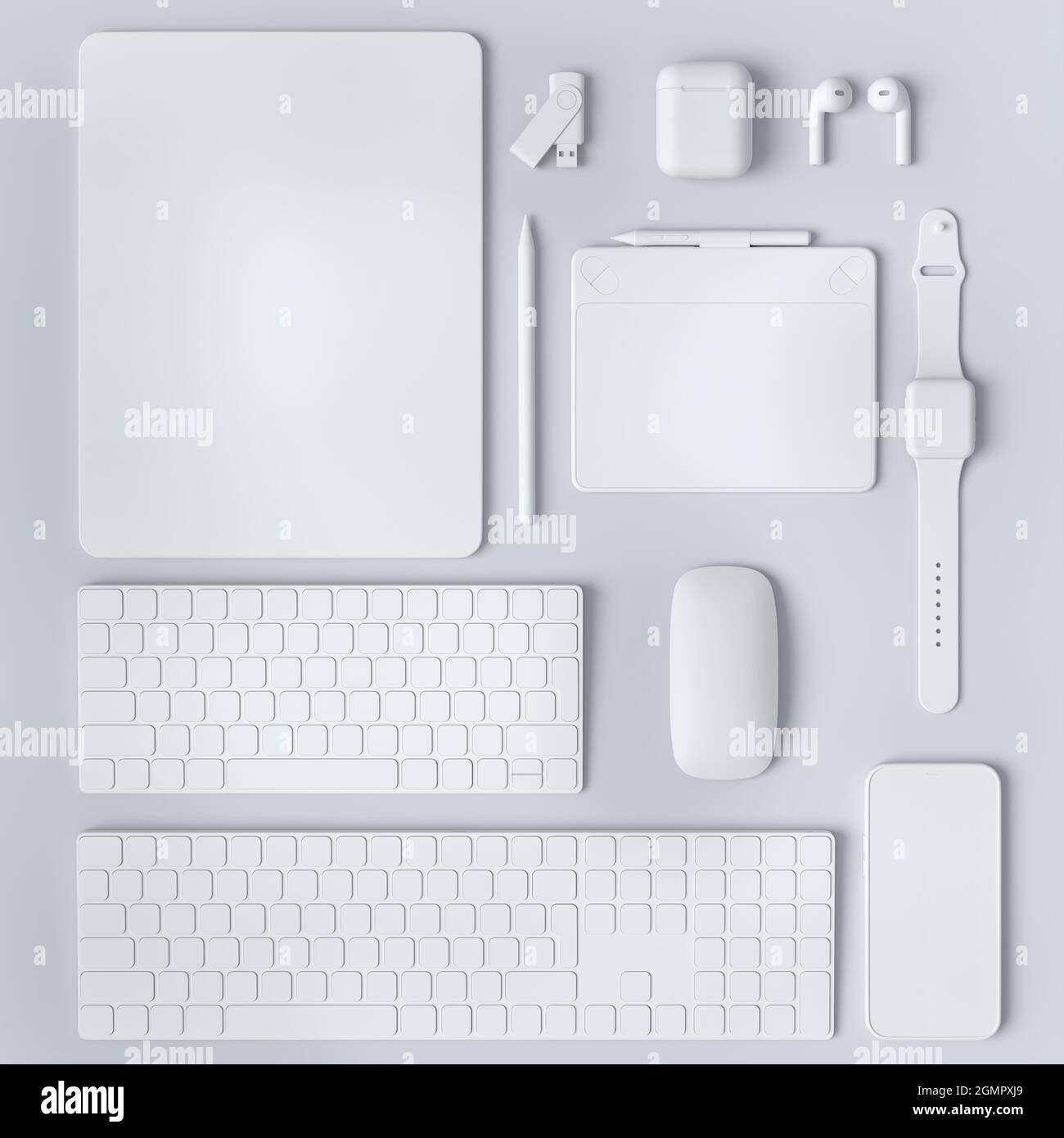 Vista dall'alto del tablet monocromatico con tastiera, mouse e telefono isolati su sfondo bianco. Il concetto di rendering 3D degli strumenti di progettazione creativa Foto Stock