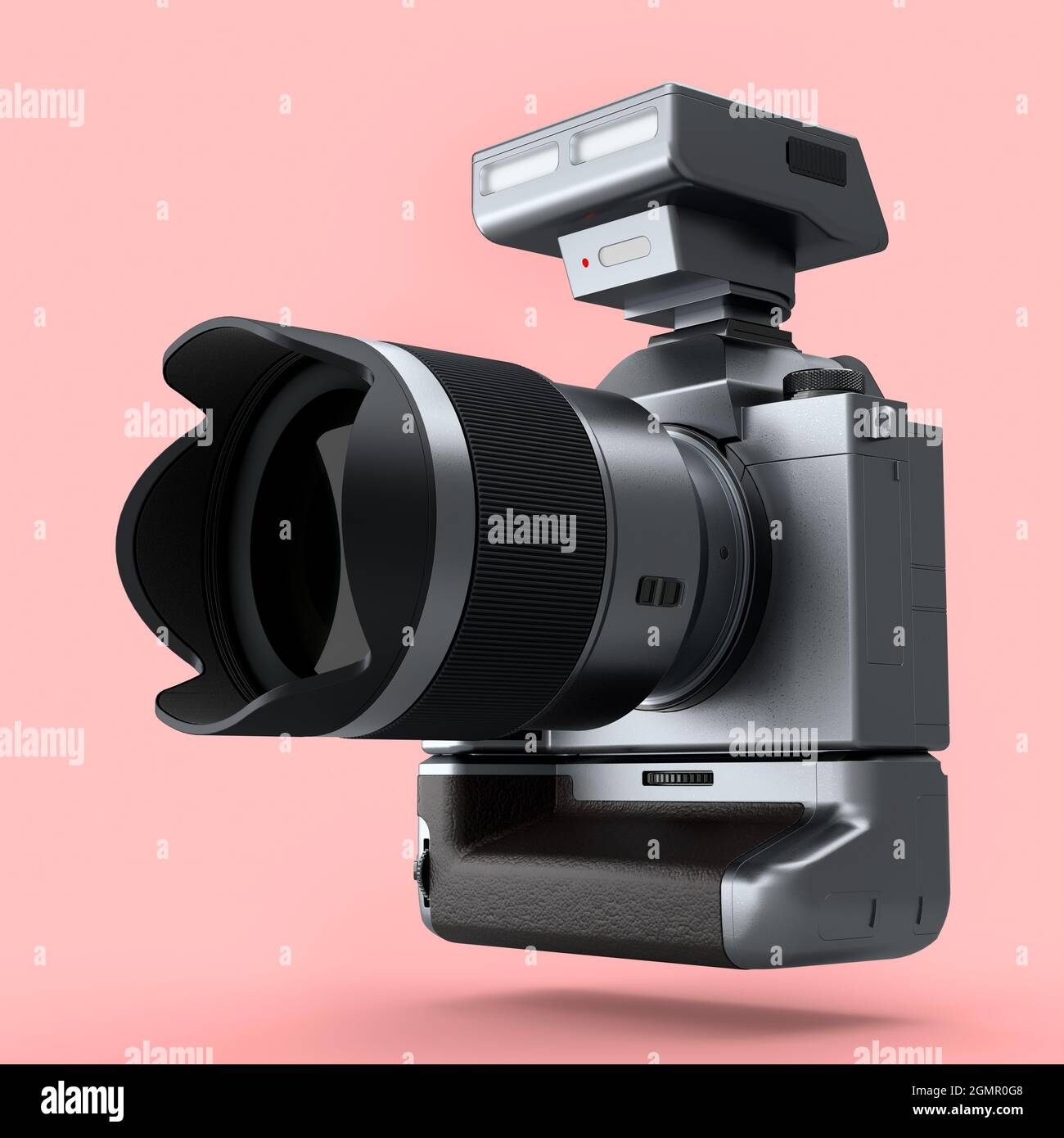 Concetto di inesistente fotocamera DSLR argento con obiettivo e flash esterno speedlight isolato su sfondo rosa. Rendering 3D di fotografie professionali Foto Stock
