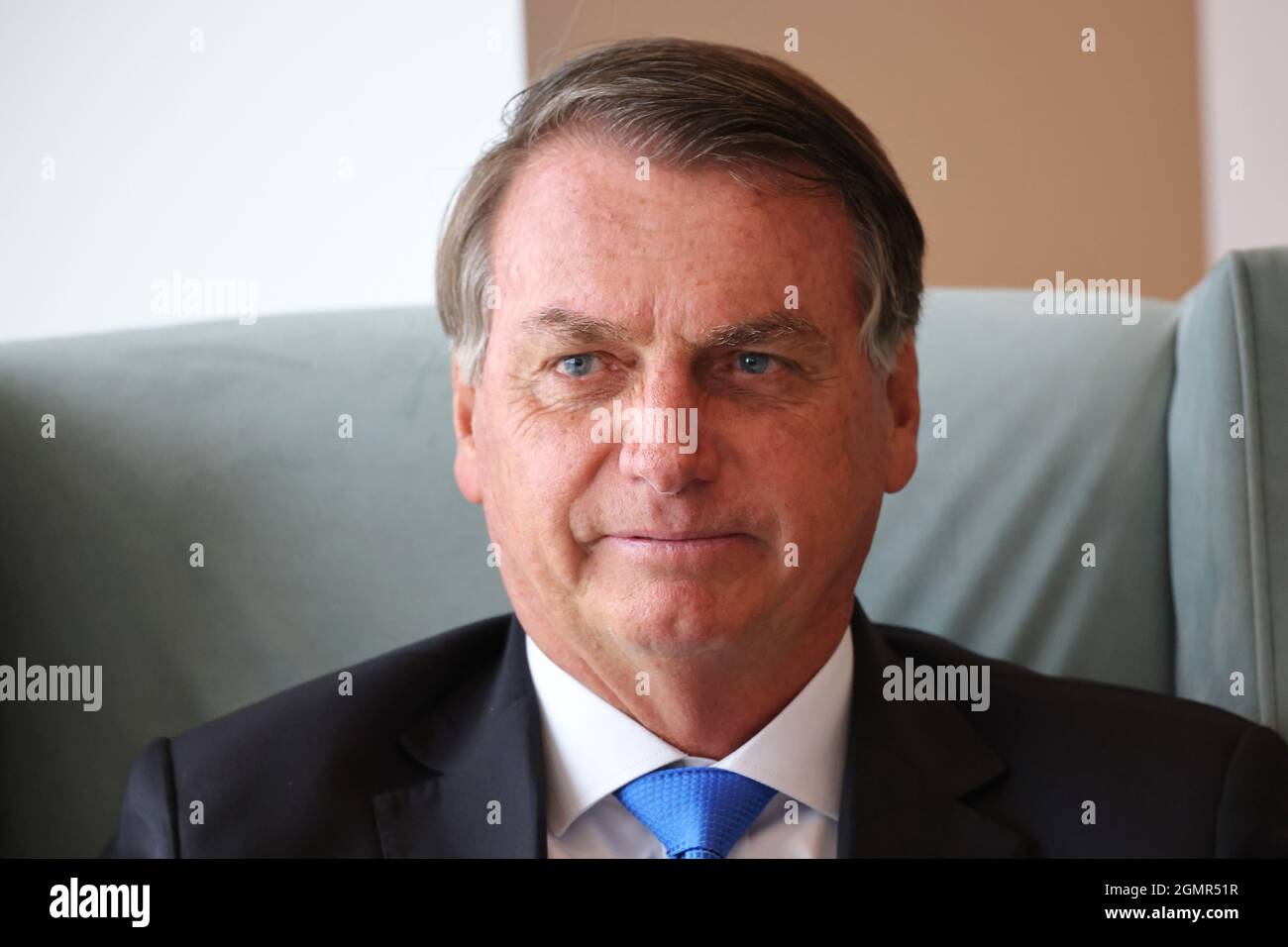 il presidente brasiliano Jair Bolsonaro in vista di un incontro bilaterale presso la residenza diplomatica britannica a New York. Data foto: Lunedì 20 settembre 2021. Foto Stock