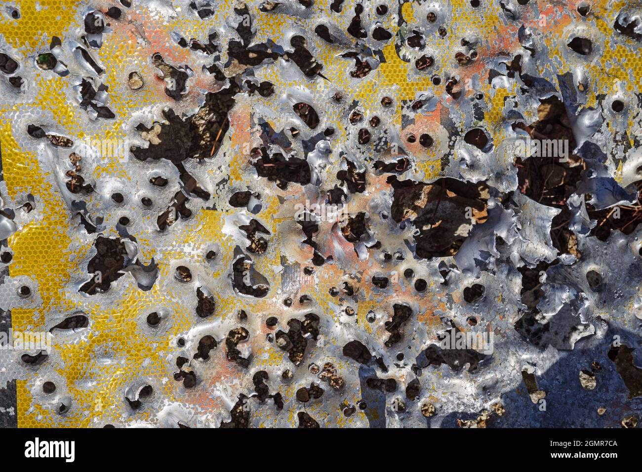 segnaletica stradale con molti fori a forma di proiettile Foto Stock