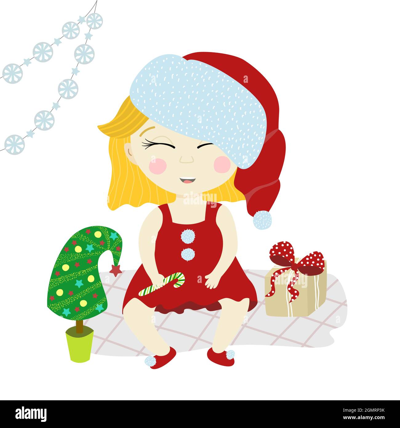 Personaggio vettoriale di una ragazza carina in un cappellino di Capodanno spntaclaus. Bambino con un regalo vicino all'albero di Natale. Illustrazione della gioia di vacanza di nuovo anno e. Illustrazione Vettoriale