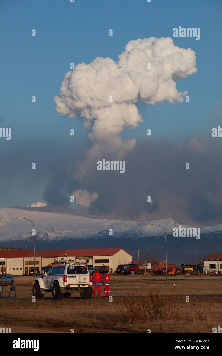 Eruzione del vulcano Eyjafjallajokull, Islanda, 2010 Foto Stock