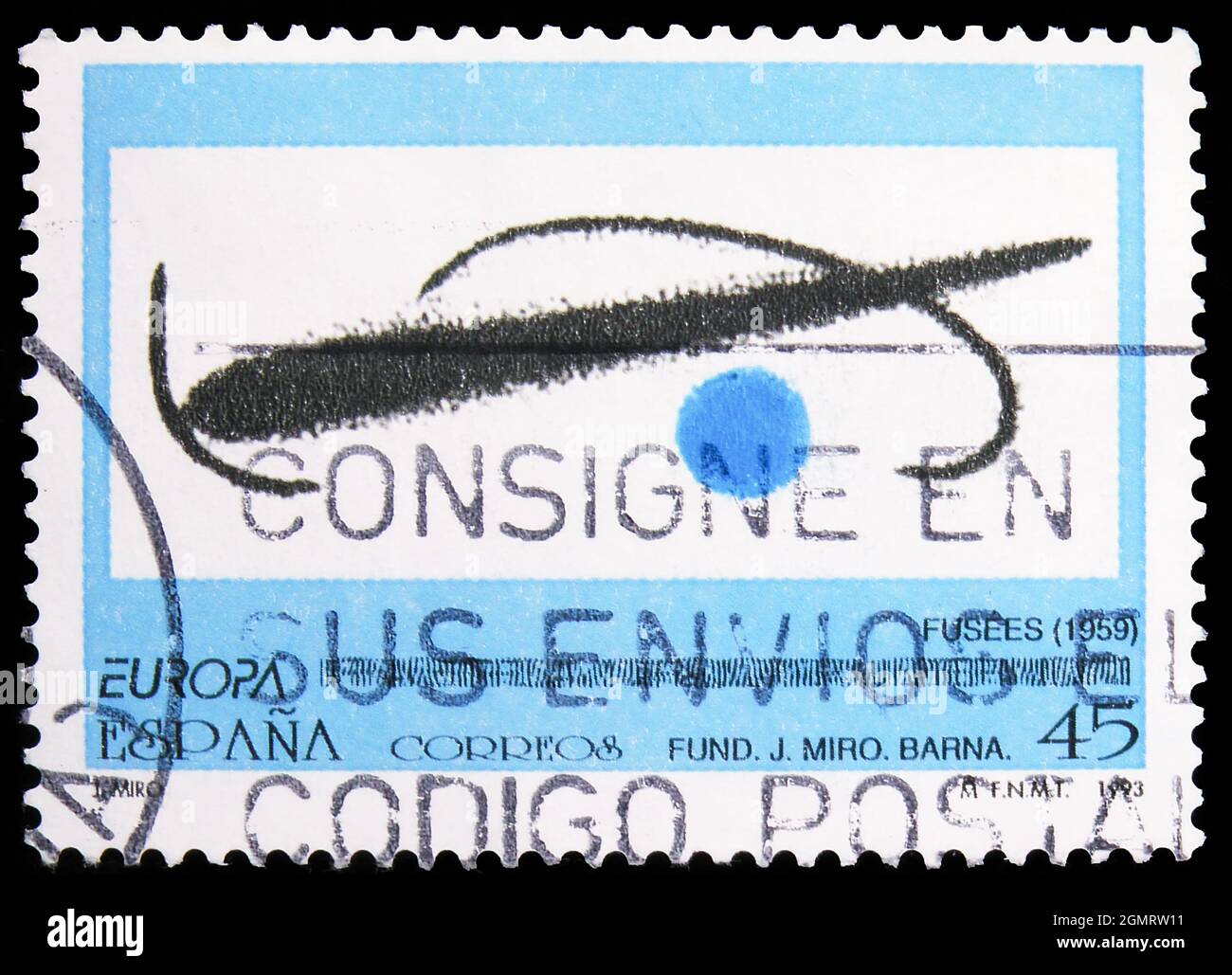 MOSCA, RUSSIA - 6 NOVEMBRE 2019: Francobollo stampato in Spagna mostra opere di Joan Miro, Europa (C.E.P.T.) serie, circa 1993 Foto Stock