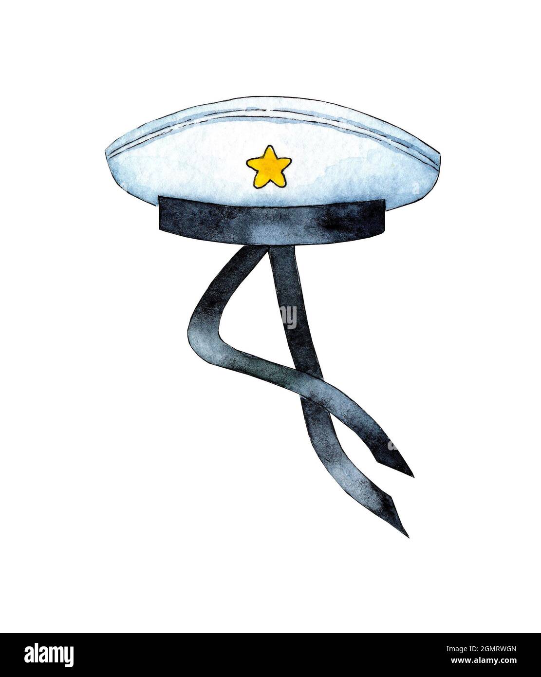 Acquerello illustrazione di un cappello di marinaio. Abbigliamento marino professionale, uniforme marinaio. Cappuccio visiera con nastri. Isolato su sfondo bianco. Disegnato b Foto Stock