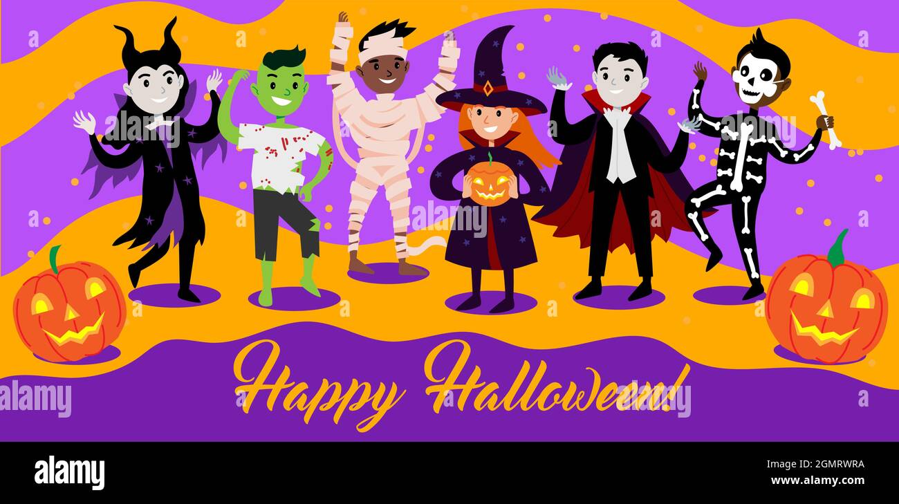 Happy Halloween biglietto di auguri con diversi personaggi simpatici e divertenti in costumi. I bambini in abito halloween ballano insieme. Grafica vettoriale Illustrazione Vettoriale