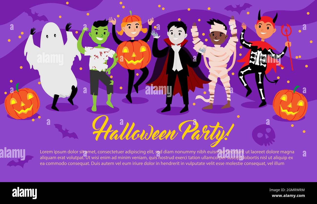 Gruppo di bambini carini vestito in costumi festosi di Halloween e ballare sul poster festa di Halloween. Diversi personaggi simpatici e divertenti in costumi. Vet Illustrazione Vettoriale