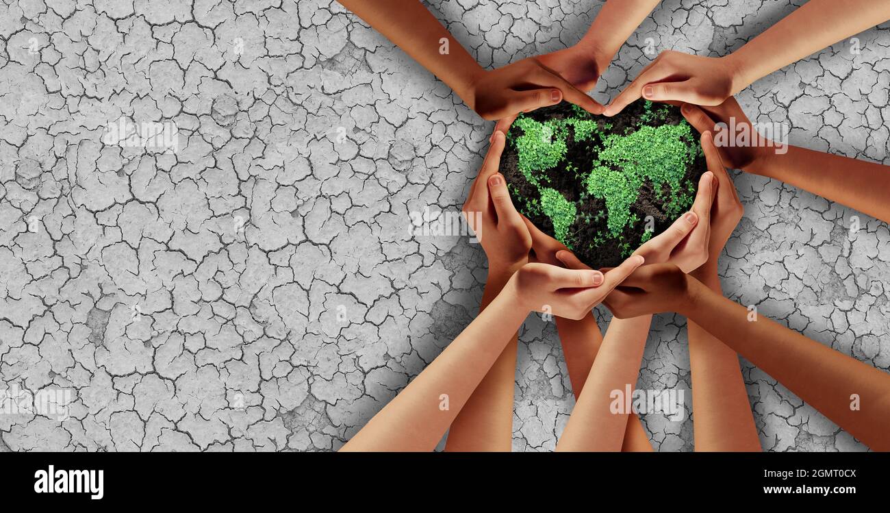 Salvare il pianeta insieme e la celebrazione della Giornata della Terra o la protezione del cambiamento climatico e la sicurezza agricola o l'unità ecologia come mani di cuore. Foto Stock