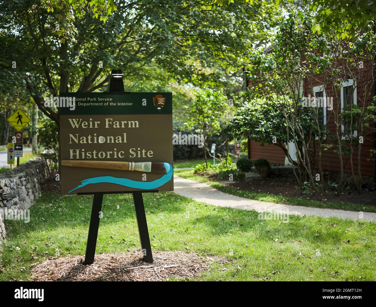 Cartello d'ingresso del sito storico nazionale di Weir Farm Foto Stock