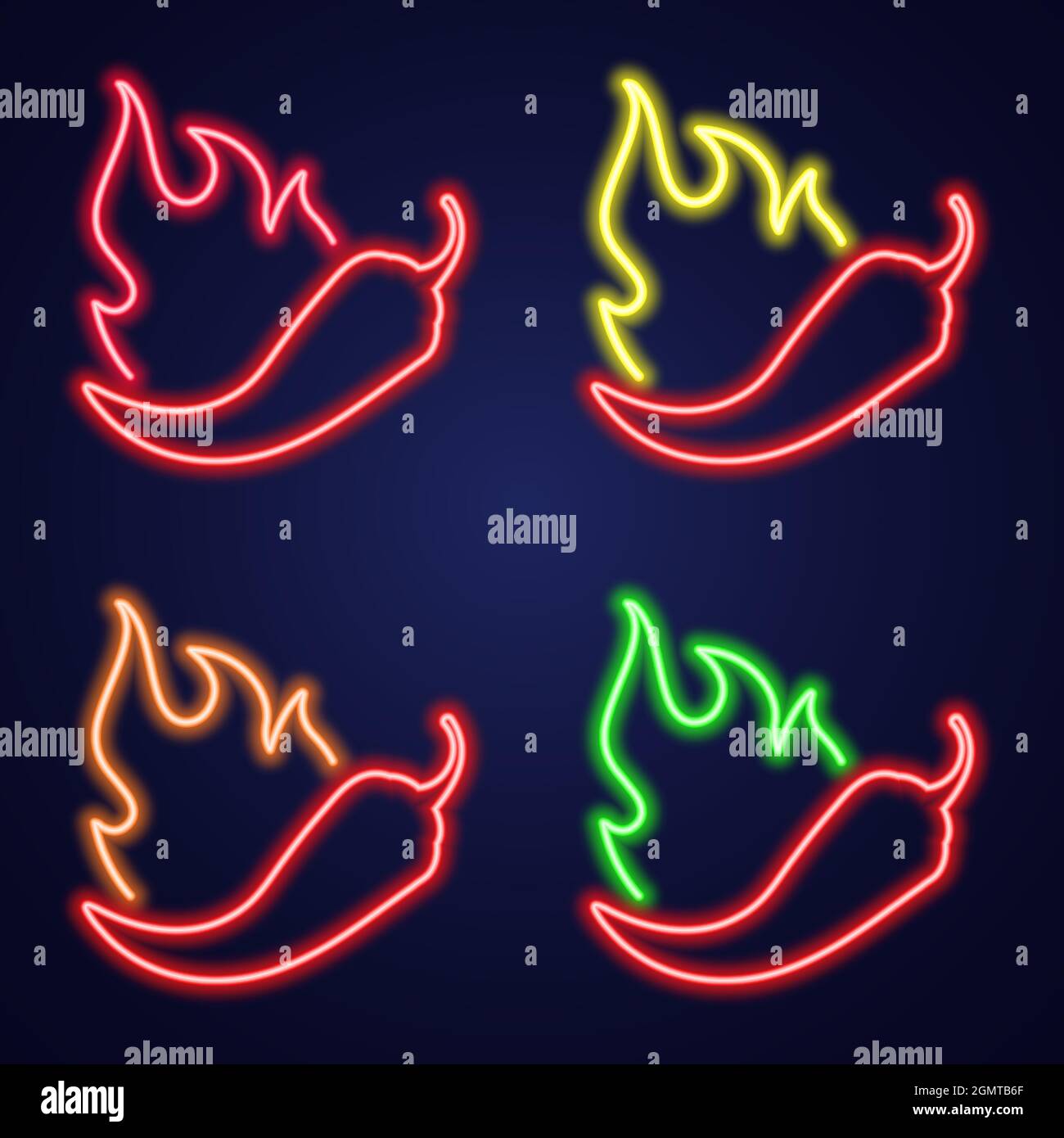 Neon icona impostare il peperoncino con il fuoco. Cartello con peperoncino bollente. Illustrazione vettoriale dei livelli delle spezie. Insegne luminose notturne Illustrazione Vettoriale