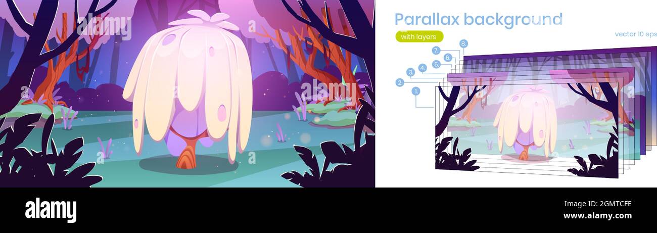 Fantasy paesaggio di foresta con albero inusuale in palude. Sfondo parallasse vettoriale con strati per animazione di gioco con illustrazione cartoon di funghi fantastici in stagno Illustrazione Vettoriale