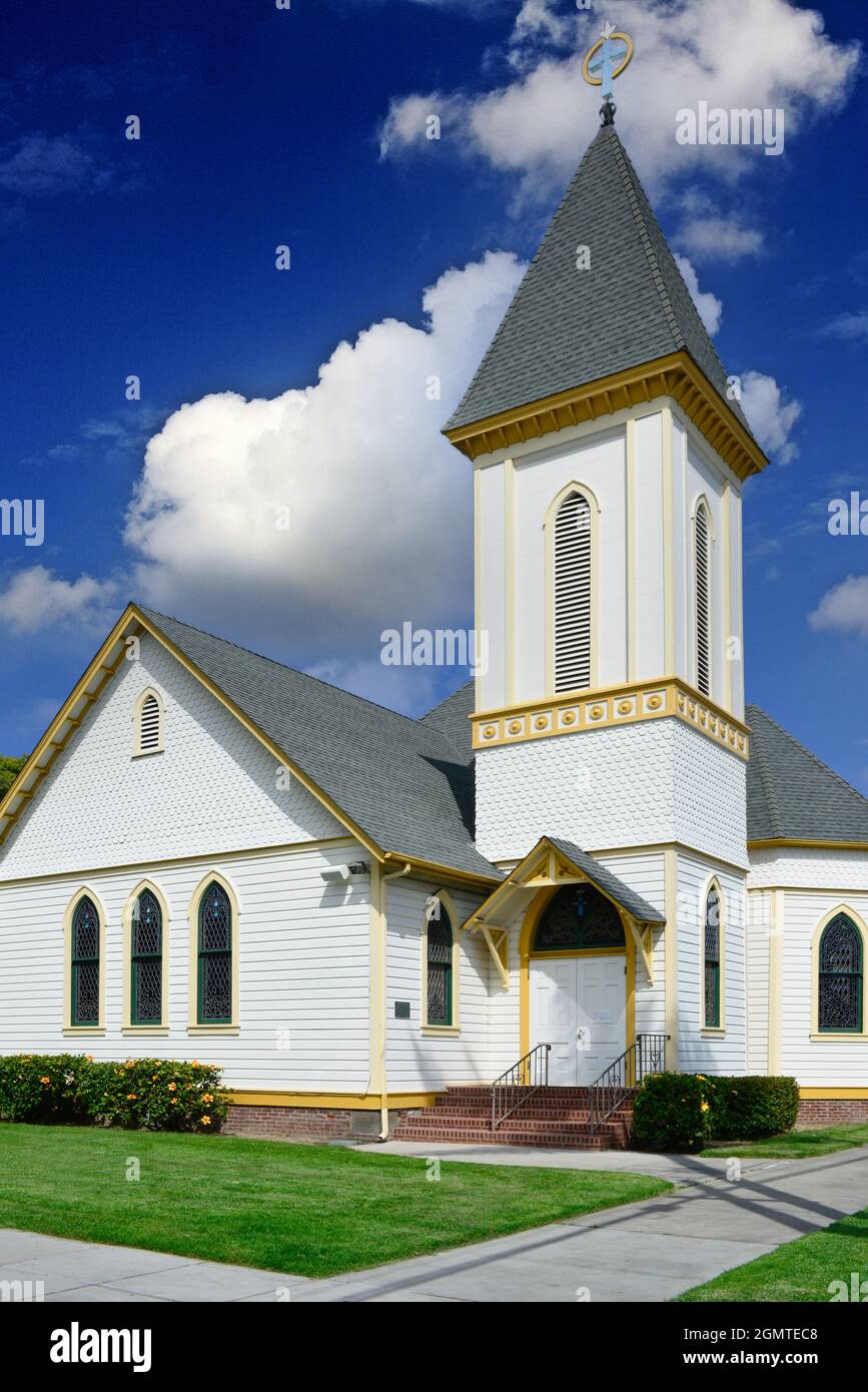 La Chiesa presbiteriana Graham Memorial, costruita nel 1890, è un edificio in stile revival della Regina della California, con meravigliosi dettagli architettonici sacri, California Foto Stock