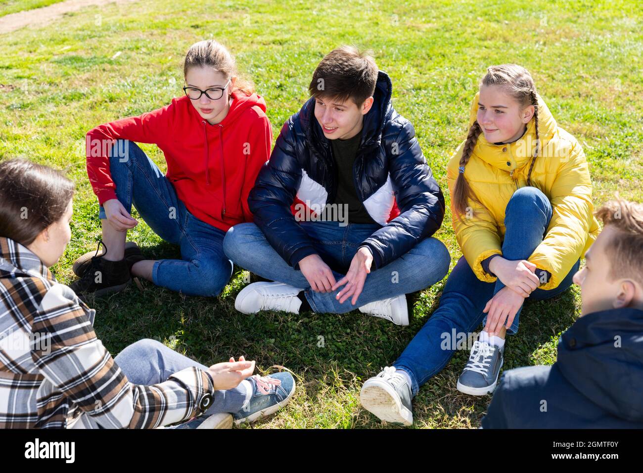 Ragazzi sorridenti che parlano di erba verde Foto Stock