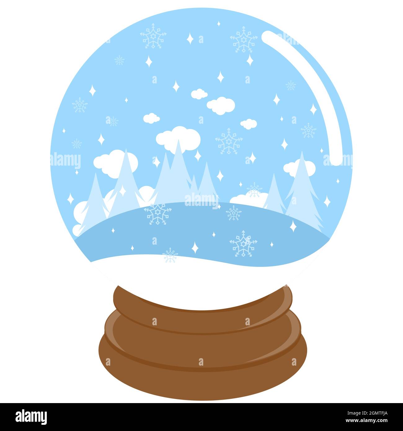 Paesaggio invernale all'interno di un globo di neve. Foresta nella neve, cielo azzurro e nevicate in un globo d'acqua. Foto Stock