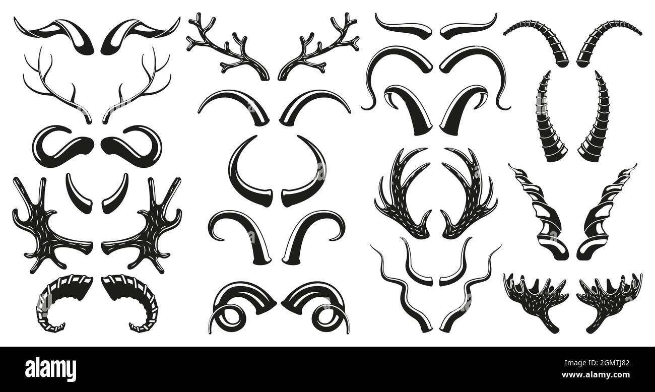 Caccia di animali selvatici, cervi, corna di capra silhouette antlers. Moose, cervi, ariete, capra, corna di bisonte nero silhouette vettoriale set di illustrazione. Trofeo Illustrazione Vettoriale