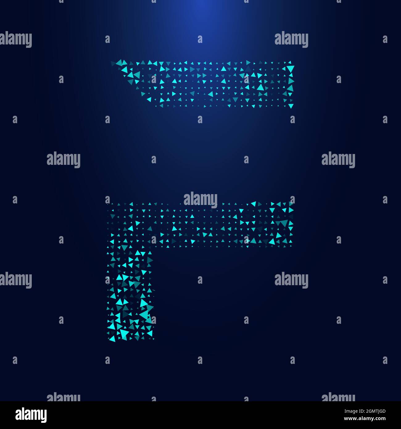 Futuristica lettera triangolare F in mezzitoni. Illustrazione della lettera isolata su sfondo scuro. Illustrazione Vettoriale