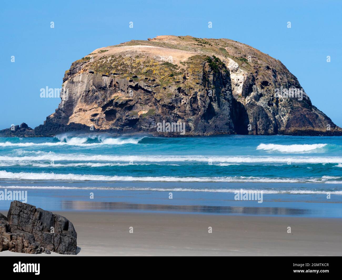 Otago, Nuova Zelanda South Island - 26 Febbraio 2019 Allans Beach è bella, deserta e ha livelli cosmici di surf. Di fronte al Pacifico, il suo più vicino Foto Stock