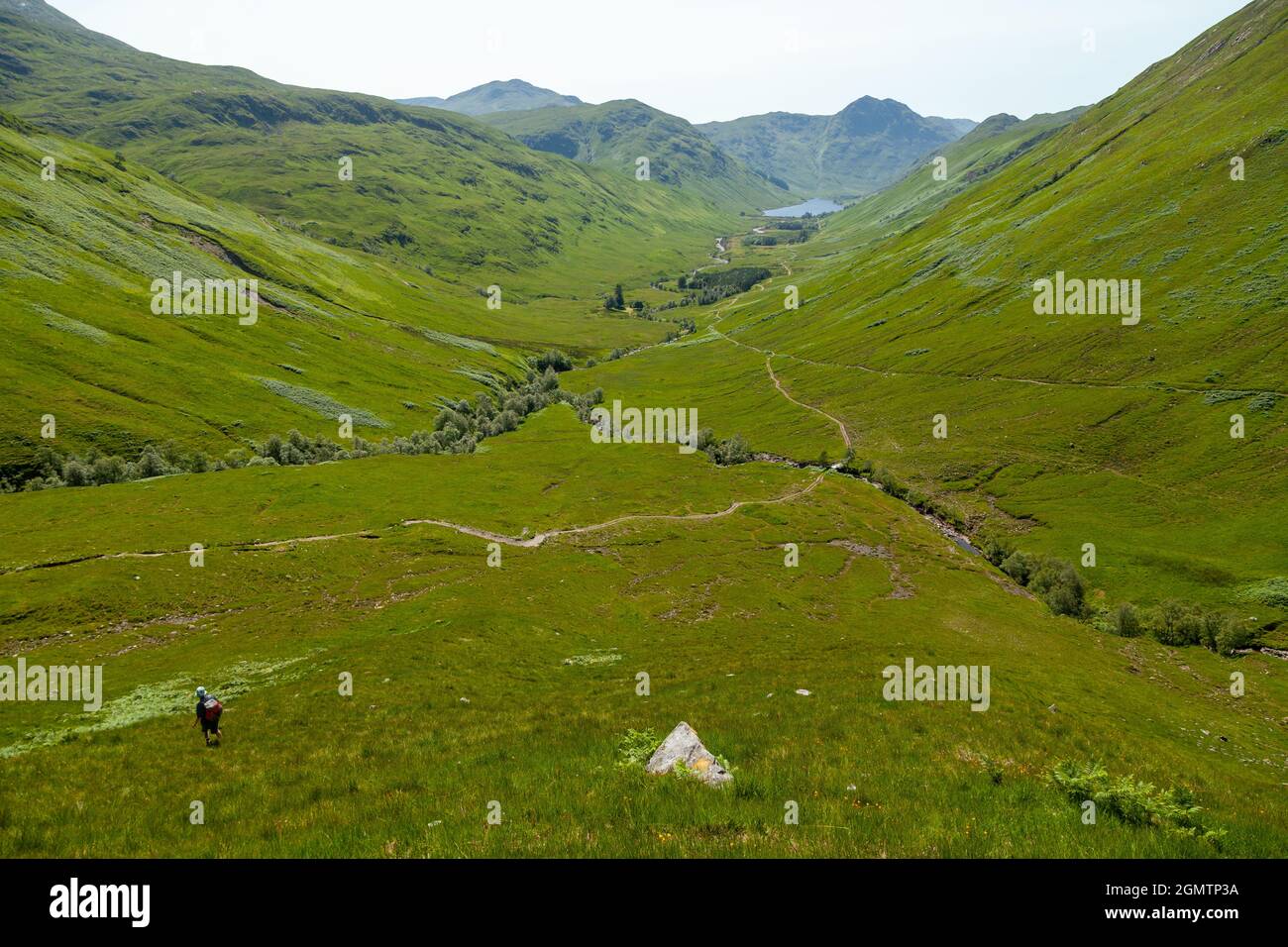 Una persona che scende la collina di Aonach Buidhe nella proprietà molto remota Inverinate vicino a Iron Lodge. Foto Stock