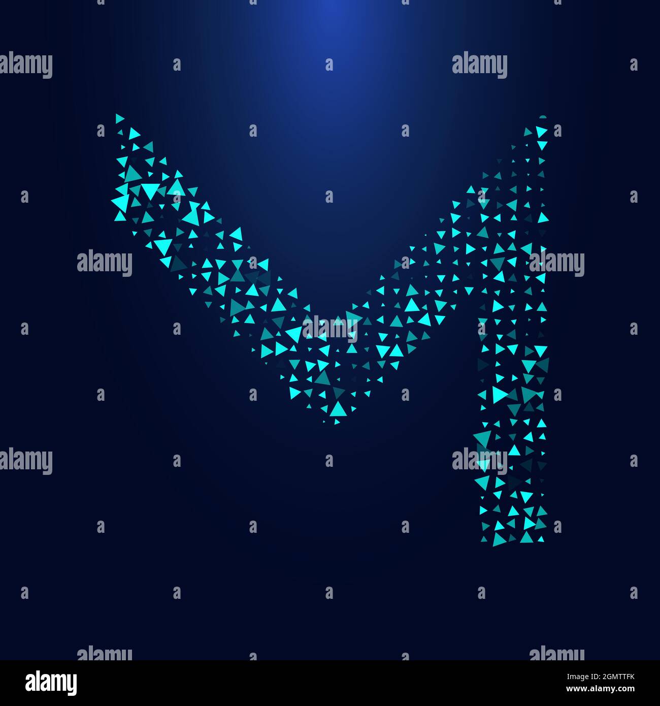 Futuristica lettera triangolare M in mezzitoni. Illustrazione della lettera isolata su sfondo scuro. Illustrazione Vettoriale