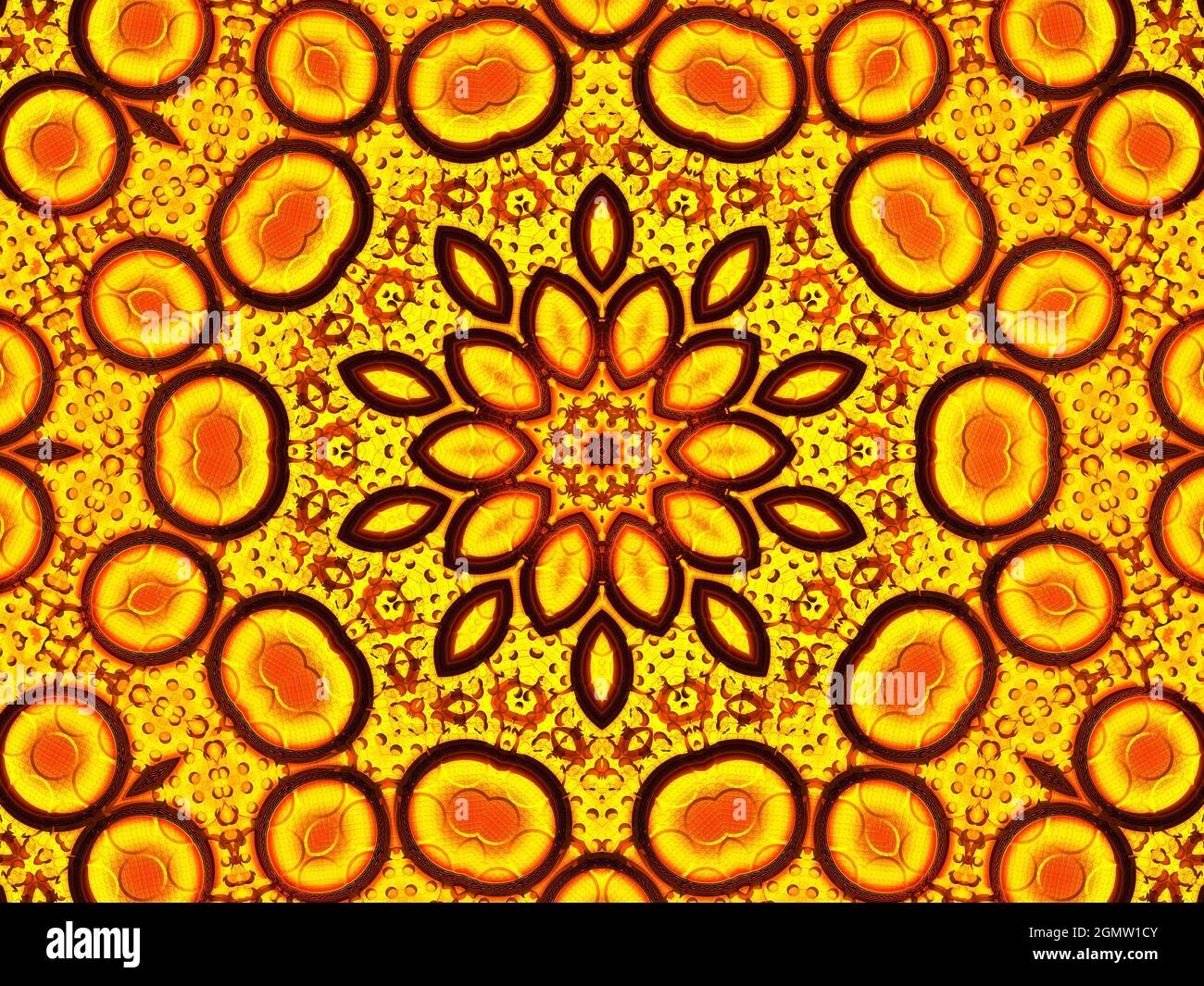 Sfondo caleidoscopio di fiori di sole. Bellissimi girasoli gialli senza cuciture. Unica texture a mosaico del caleidoscopio. Estate tempo fiori tema Foto Stock