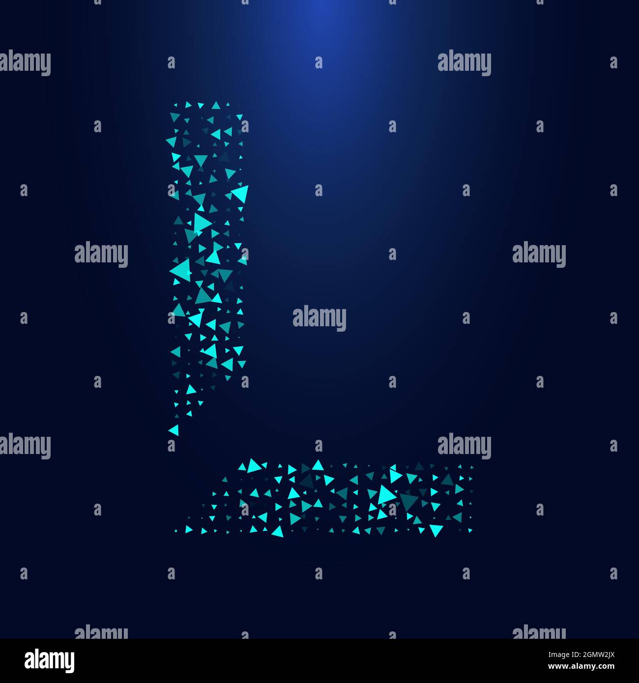 Futuristica lettera triangolare L in mezzitoni. Illustrazione della lettera isolata su sfondo scuro. Illustrazione Vettoriale