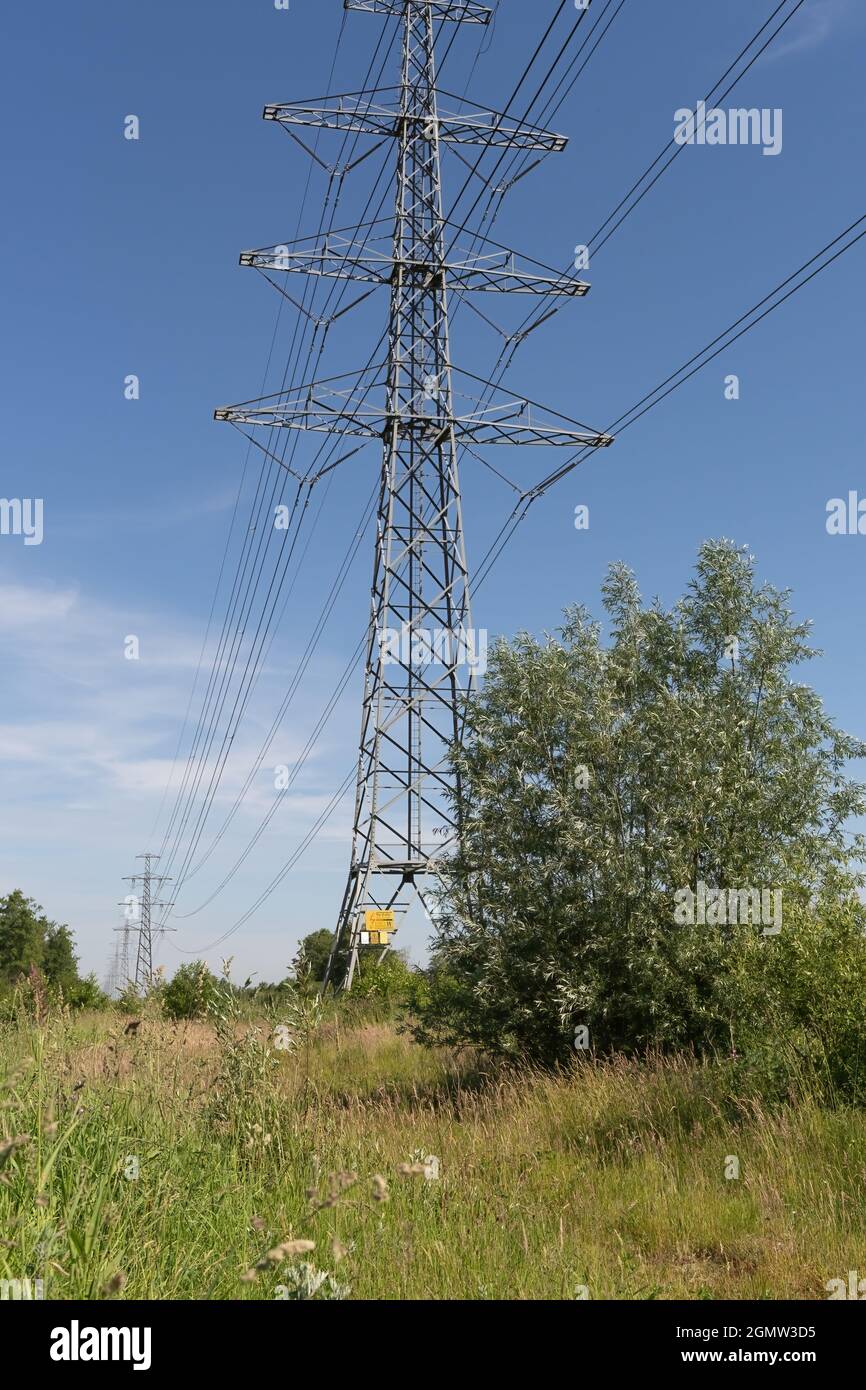 Linea elettrica isolante ad alta tensione contro il cielo blu. In un paesaggio naturale con erba e alberi. Foto Stock