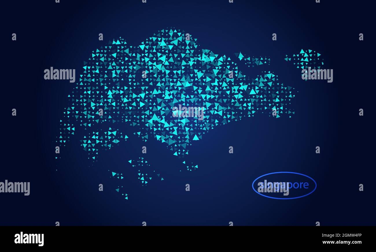Geometria astratta mezzitoni triangolari su sfondo scuro con mappa di singapore. Linea, sfera di design, punto e struttura con tecnologia digitale a basso contenuto di poli. Ve Illustrazione Vettoriale