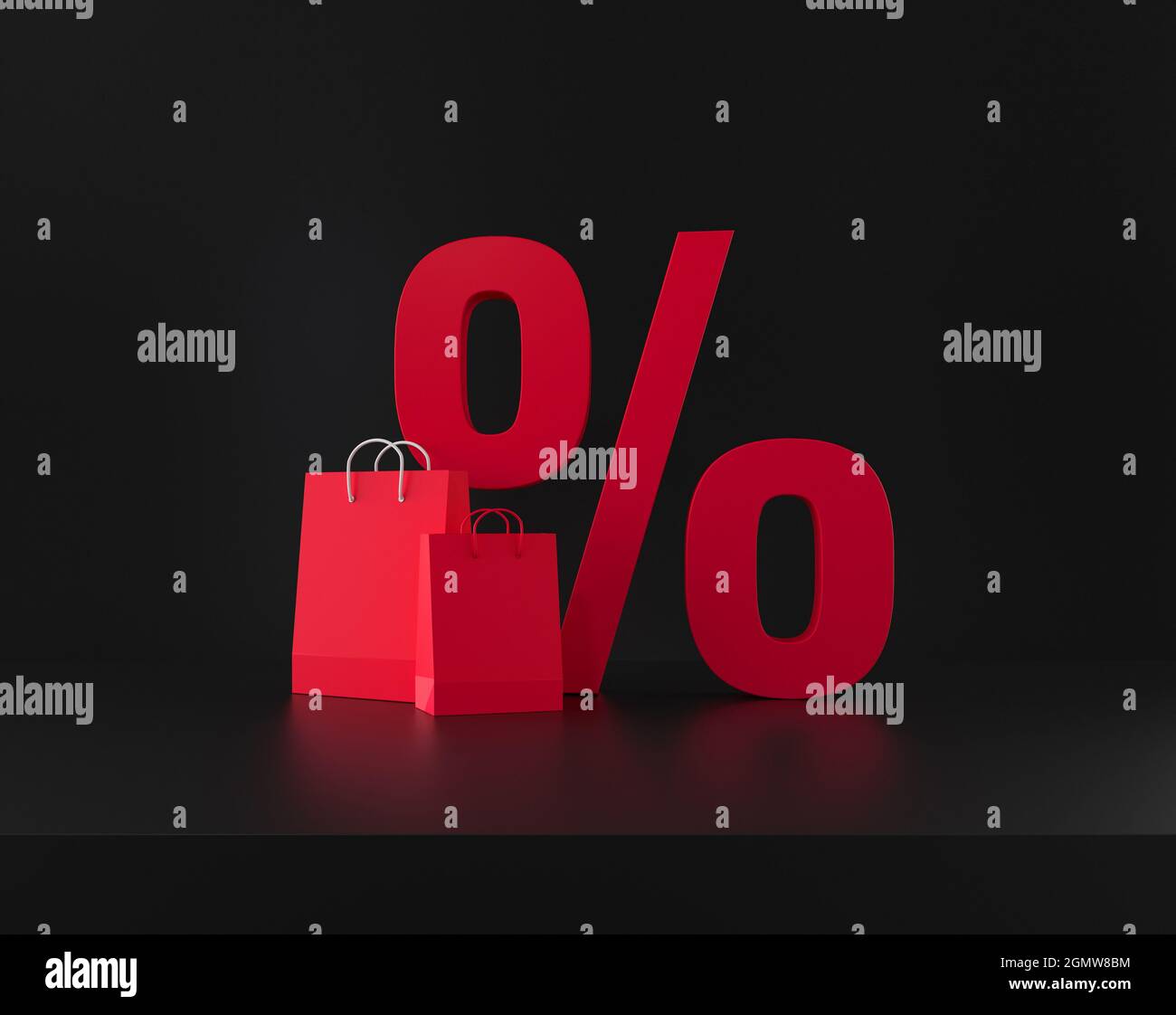 Simbolo di sconto percentuale e borse shopping su sfondo nero. rendering 3d. Foto Stock