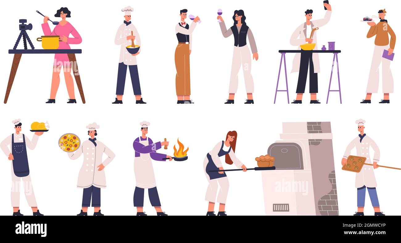 Cuochi, cuochi, sommelier, critico di cibo e blogger di cibo. Rassegna di cibo, chef del ristorante, sommelier di vino ed esperti di cibo insieme di illustrazione vettoriale Illustrazione Vettoriale
