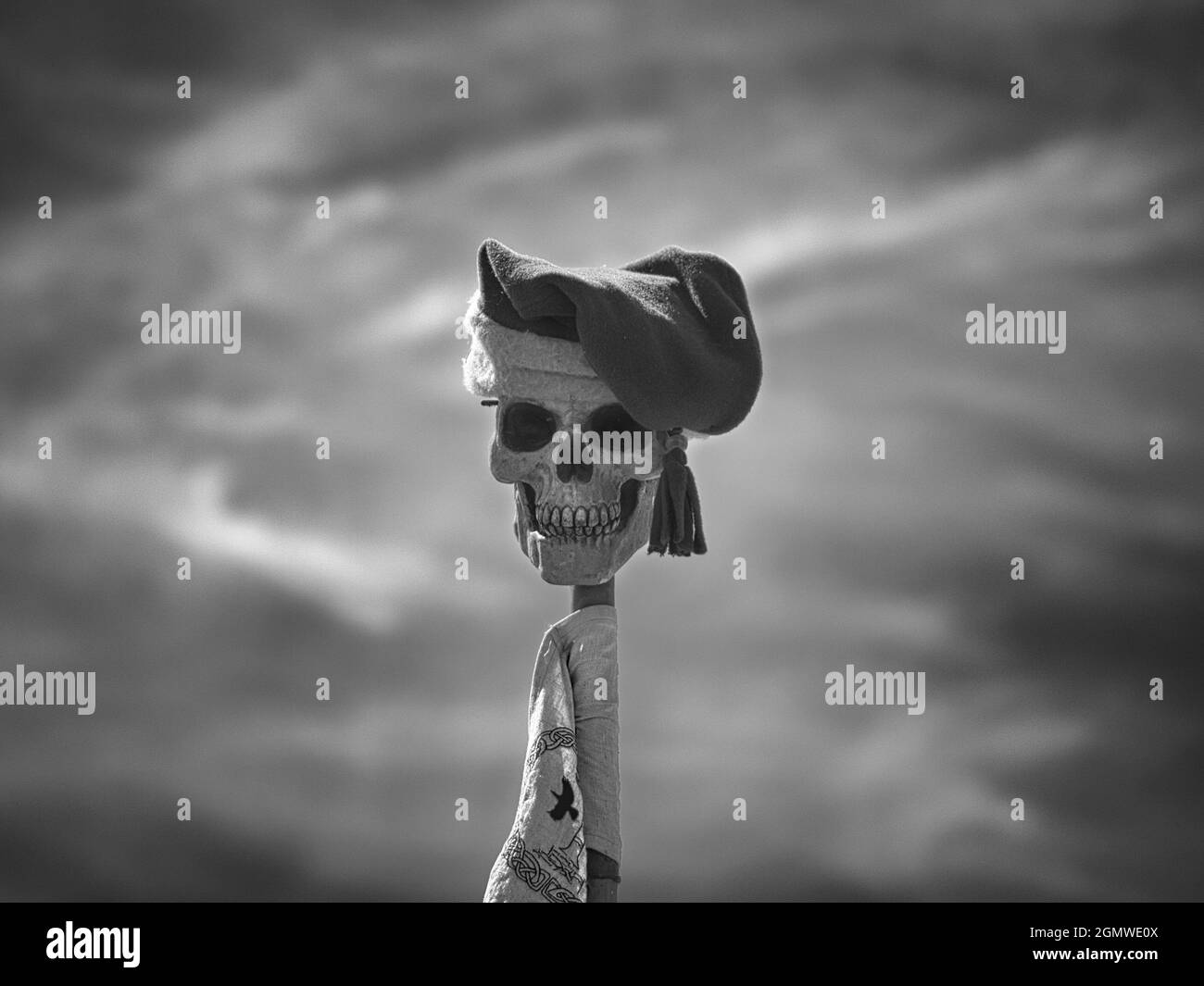 cranio su un bastone con cappuccio. Preso ad un festival medievale. Bellissimo il sorriso Foto Stock