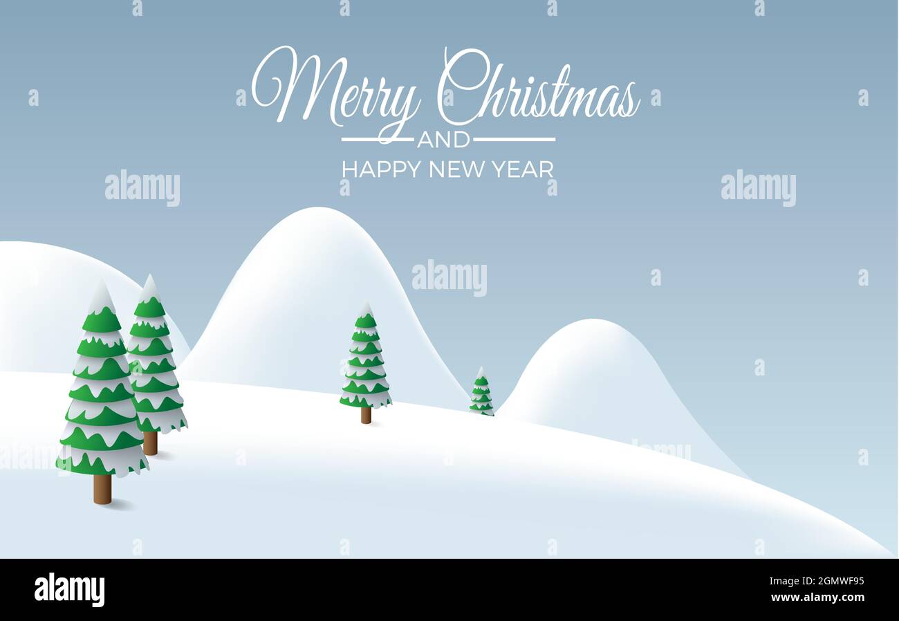 Sfondo paesaggio invernale, montagne arrotondate con abeti sotto nevicate. Illustrazione vettoriale per Natale con spazio copia. Biglietto e saluto Illustrazione Vettoriale