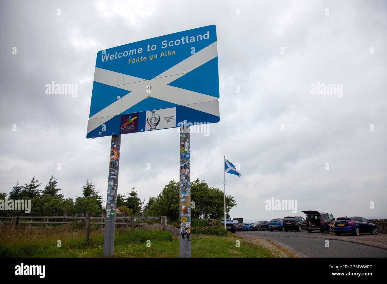 Benvenuto in Scozia Sign on Border with England Foto Stock