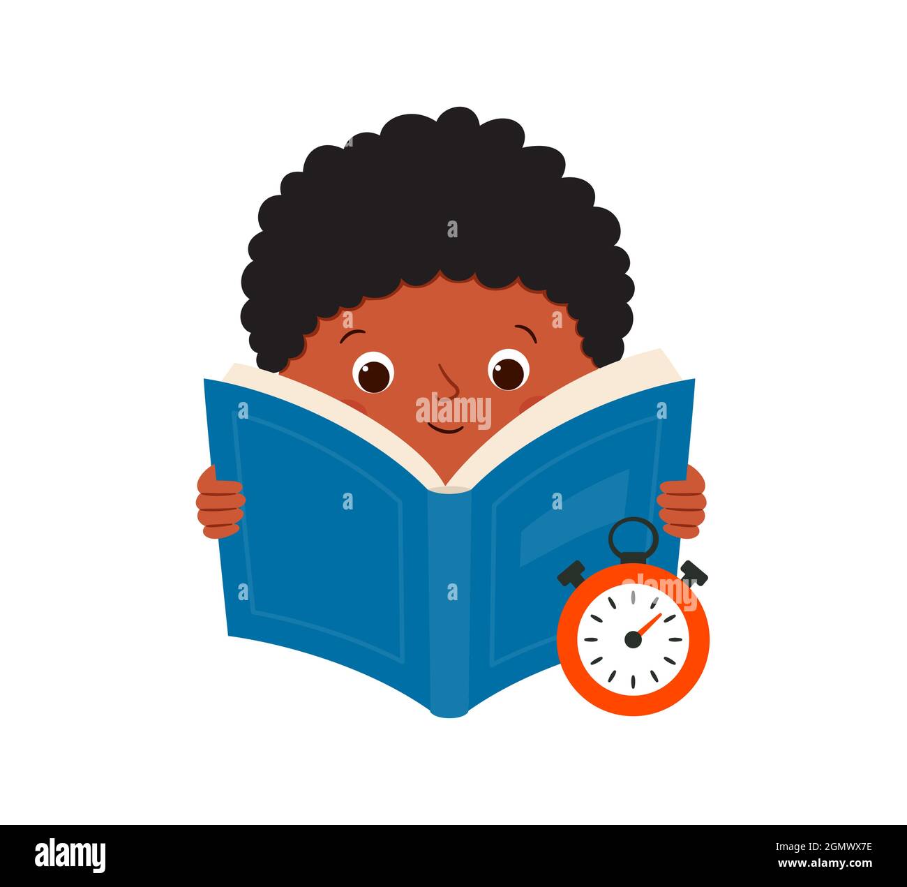 Lettura della velocità. Un ragazzo nero legge un libro e misura la velocità di lettura. Illustrazione vettoriale isolata su sfondo bianco Illustrazione Vettoriale
