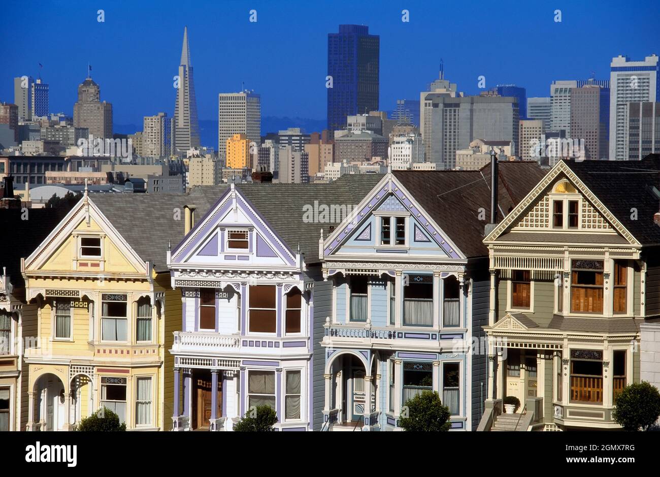 San Francisco, USA - Giugno 1986; le Signore dipinte, mostrate qui, sono una fila di belle case vittoriane di fronte al parco di Alamo Square su Steiner Street. Th Foto Stock