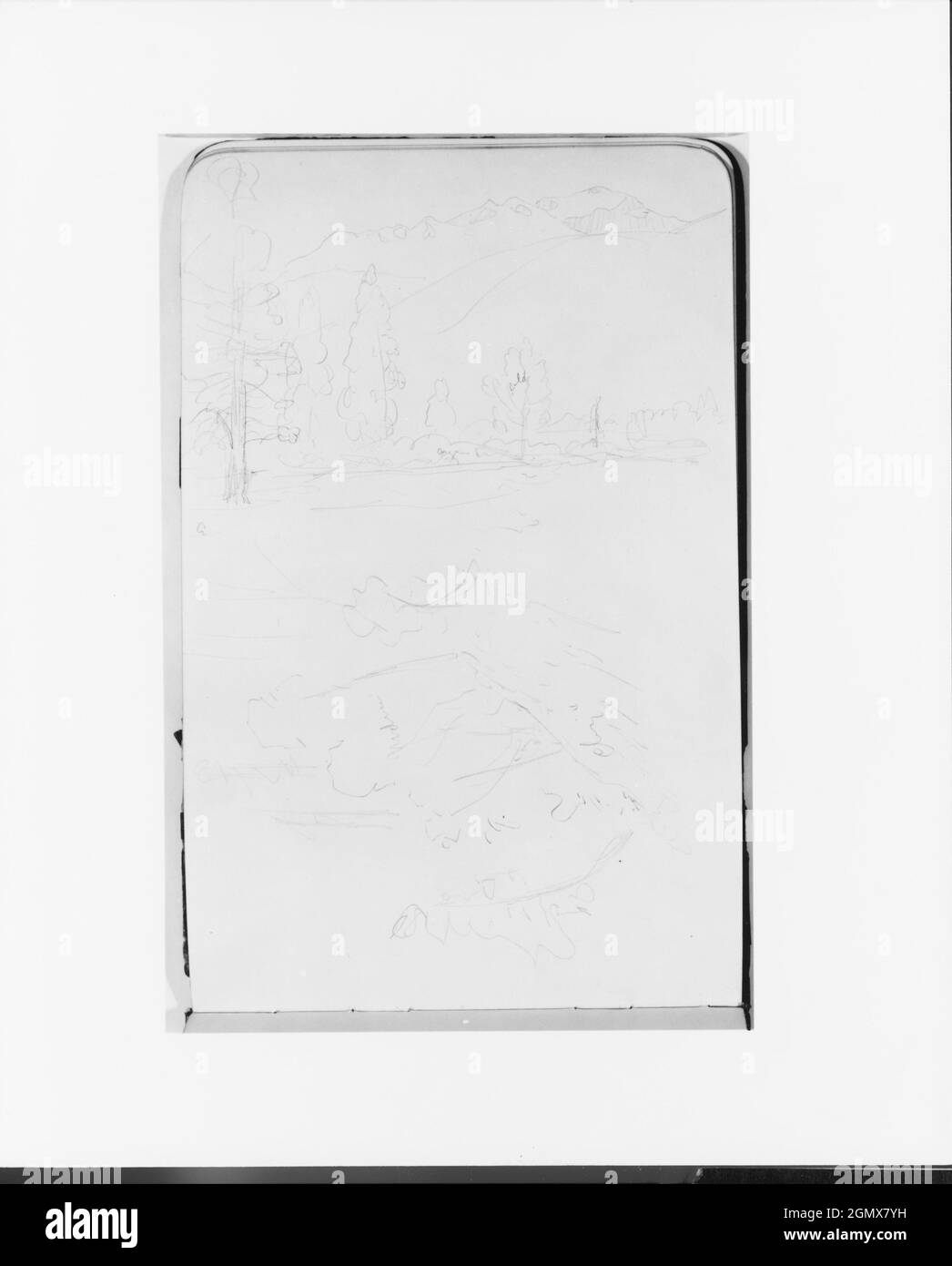 Due schizzi paesaggistici con alberi e montagne (da Sketchbook). Artista: Albert Bierstadt (americano, Solingen 1830-1902 New York); Data: 1890; Foto Stock
